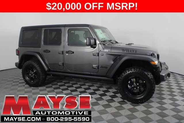 2026 Jeep Wrangler Willys in Granite Crystal Metallic Clear-Coat Exterior Paint — front three-quarter view