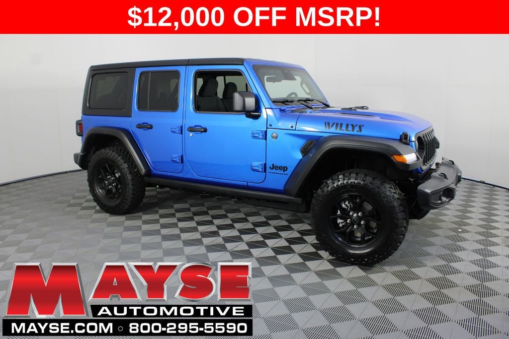 2026 Jeep Wrangler Willys in Hydro Blue Pearl-Coat Exterior Paint — front three-quarter view