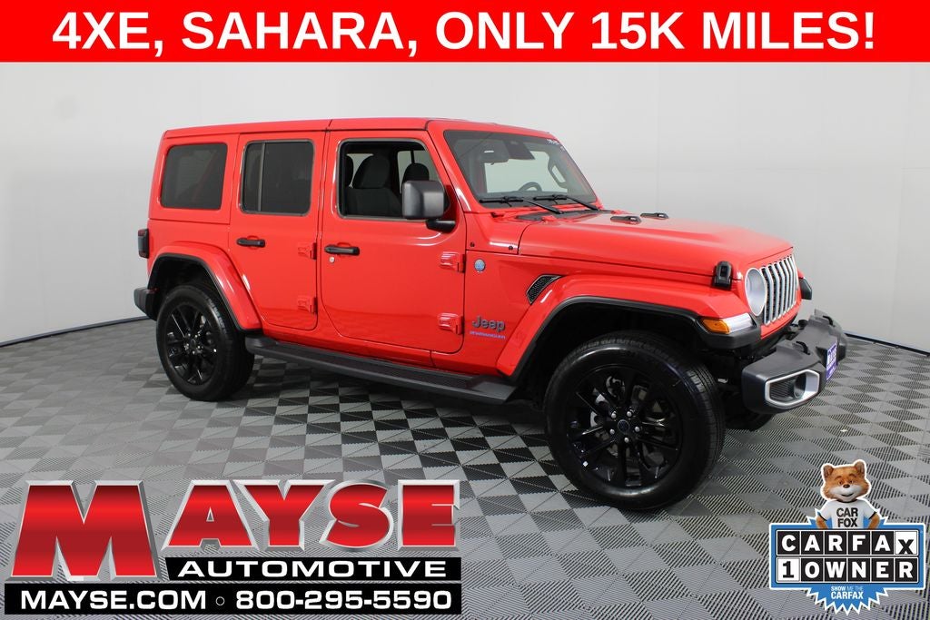 2025 Jeep Wrangler Sahara 4xe in Firecracker Red Clearcoat — front three-quarter view