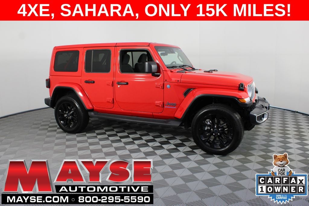 2025 Jeep Wrangler Sahara 4xe in Firecracker Red Clearcoat — front three-quarter view