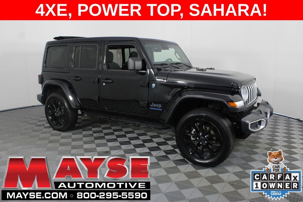 2025 Jeep Wrangler Sahara 4xe in Black Clearcoat — front three-quarter view