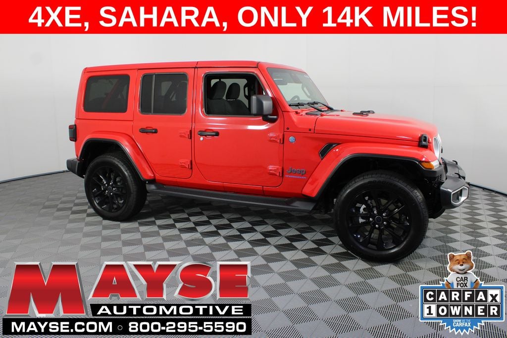 2025 Jeep Wrangler Sahara 4xe in Firecracker Red Clearcoat — front three-quarter view