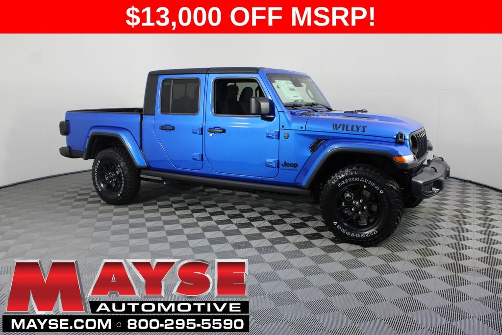 2026 Jeep Gladiator Willys in Hydro Blue Pearl-Coat Exterior Paint — front three-quarter view