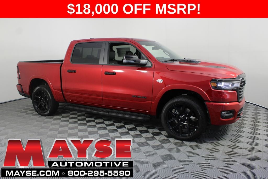 2026 RAM 1500 Laramie in Molten Red Pearl-Coat Exterior Paint — front three-quarter view