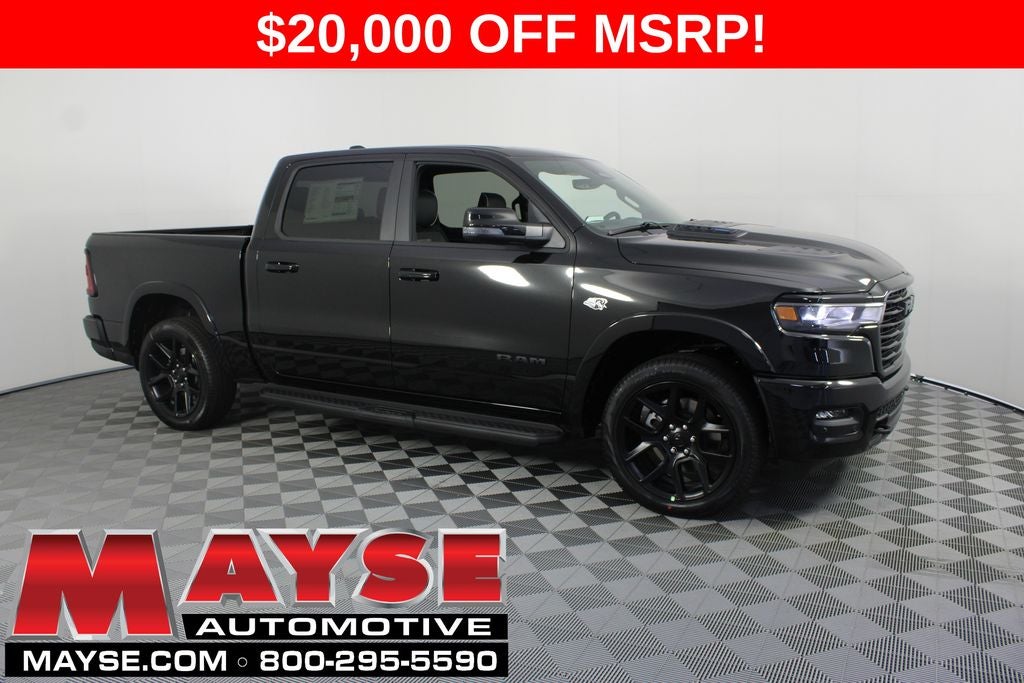 2026 RAM 1500 Laramie in Diamond Black Crystal Pearl-Coat Exterior Paint — front three-quarter view