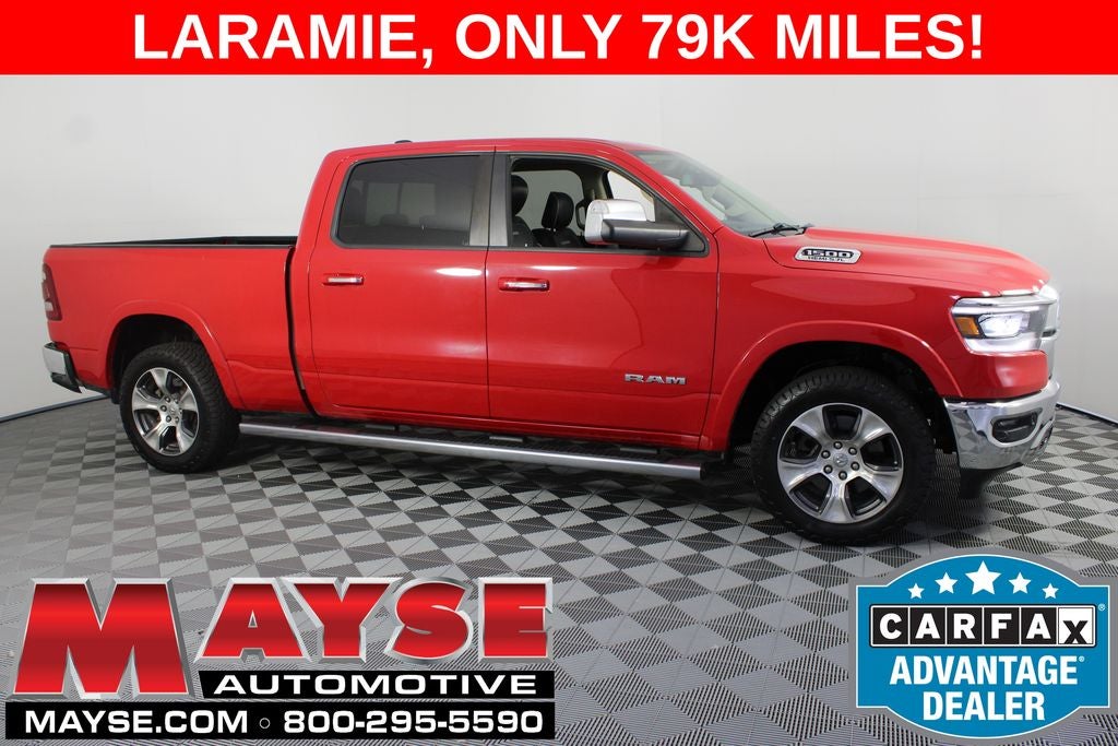 2019 RAM 1500 Laramie in Flame Red Clearcoat — front three-quarter view