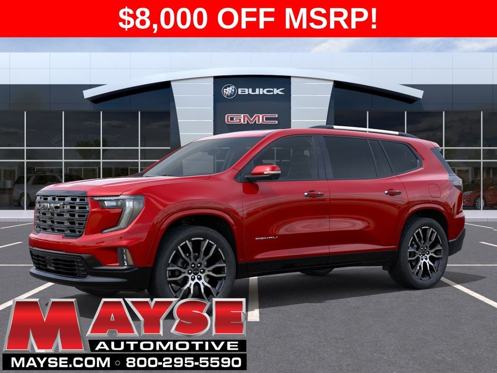 2026 GMC Acadia Denali Ultimate in Volcanic Red Tintcoat — front three-quarter view