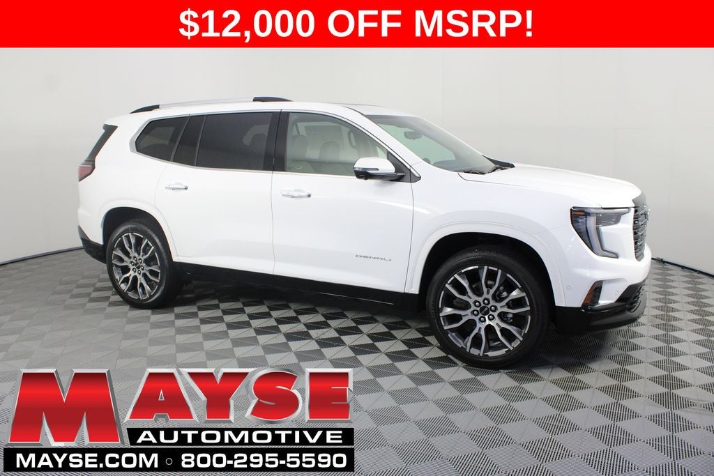 2026 GMC Acadia Denali Ultimate in Summit White — front three-quarter view