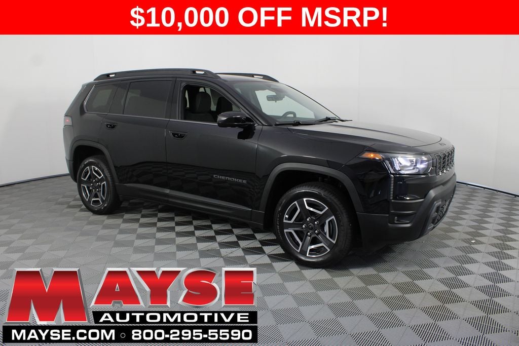 2026 Jeep Cherokee Laredo in Diamond Black Crystal Pearl-Coat Exterior Paint — front three-quarter view